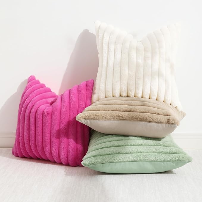 decorUhome Faux Fur Spring Throw Pillow Covers 20x20 Set of 2, Decorative Soft Plush Striped Neutral Couch Pillow Covers with Velvet Back for Sofa, Bed, Living Room Home, Sage Green
