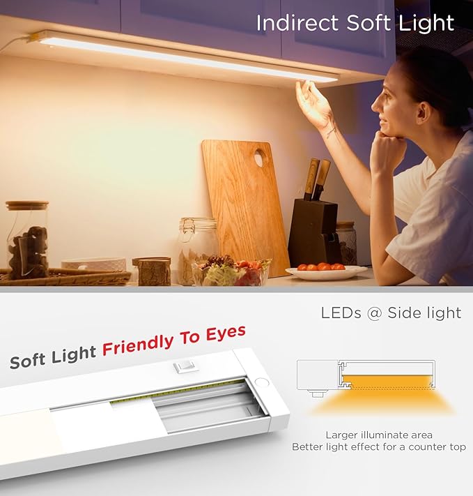 Tonlesm16 Inch Under Cabinet Lighting Plug in, 9W 120V 3 Color 3000K/4000K/5000K, 3 Brightness, Super Bright, Ultra Thin Under Counter Lights for Kitchen, Linkable LED Cabinet Light, White 2Pack