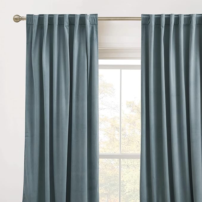 RYB HOME Stone Blue Velvet Curtains - Blackout Curtains for Nursery Thermal Insulated Noise Reducing Soft Luxury Window Decor for Bedroom, Stone Blue, W52 x L72 inches, 2 Panels