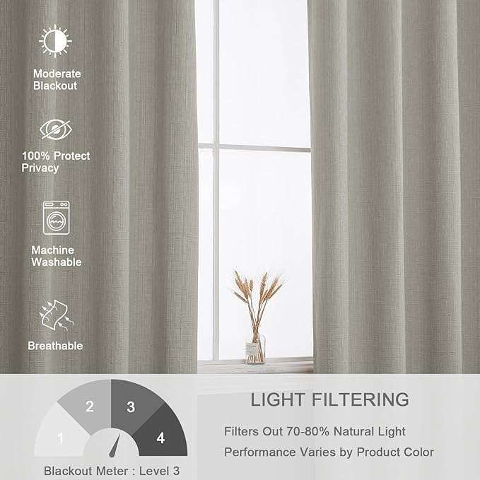 Jacquard Linen Curtains 84 inch Length 2 Panels Thick Faux Linen Blended Window Drapes Burlap Textured Curtains with Grommet for Living Room Bedroom Farmhouse (52x84 Light Khaki) Natural