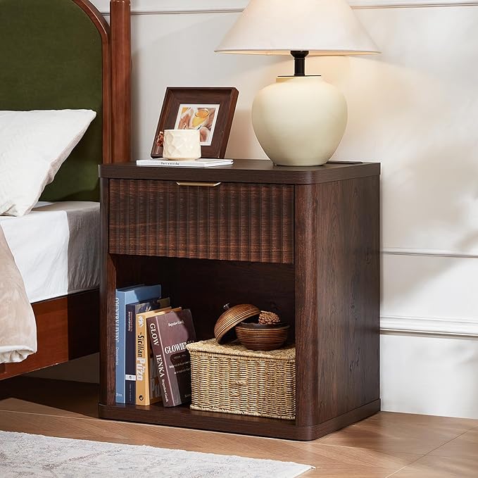 LEYAOYAO 23" Wide Fluted Farmhouse Night Stand Set of 2 with Charging Station, 1 Drawers Large End Table w/Metal Handle, Walnut Nightstand Bedside Table,Wood Dresser for Bedroom, Closet