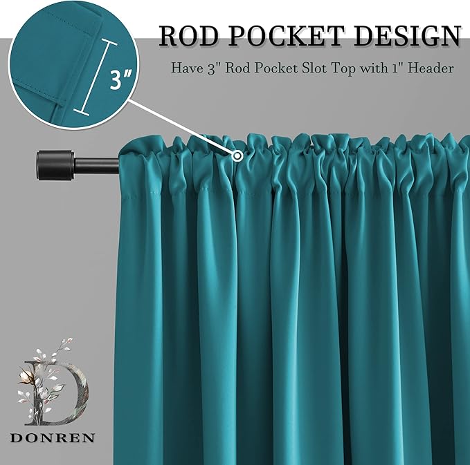 DONREN 2 Panels Set - 63 Inches Length Blackout Curtain Panels for Bedroom - Room Darkening Thermal Insulated Solid Rod Pocket Curtains (Teal,42 W X 63 Inches Long)