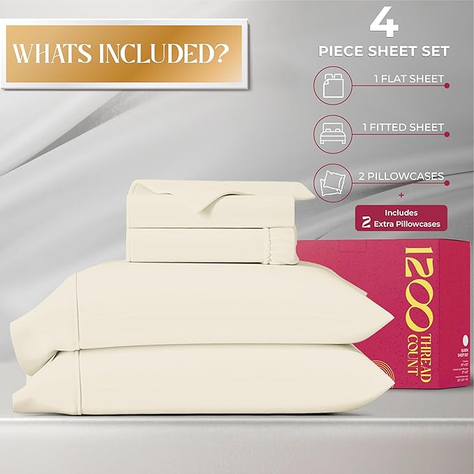 Mayfair Linen 100% Egyptian Cotton Full Size Bed Sheets - Luxury 1200 Thread Count Egyptian Cotton Sheets Full Size Bed Set (4 PC, Ivory), Silky Soft, Cooling, 17" Deep Pocket Sateen Weave Bedding