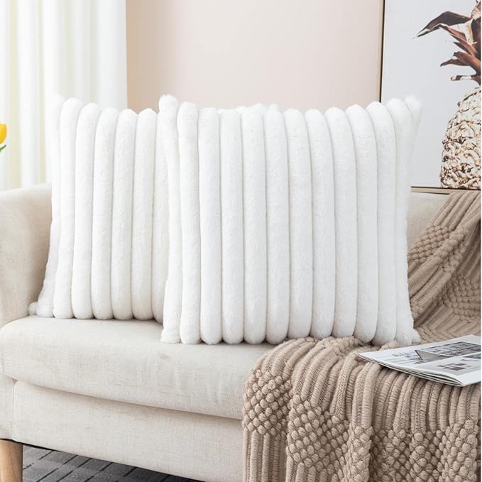 ZLINA Set of 2 Cream White Faux Fur Decorative Throw Pillow Covers Fluffy Striped Pillowcase Cushion Covers 16 x 16 Inch Decor Sofa Couch Bedroom