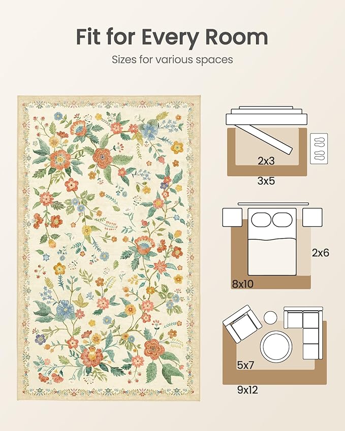 Amada 2x3 Washable Area Rug, Non-Slip & Low-Profile Entryway Rug with Reinforced Edge Binding, Boho Floral Pattern, Soft Small Rugs for Entryway, Kitchen, Living Room