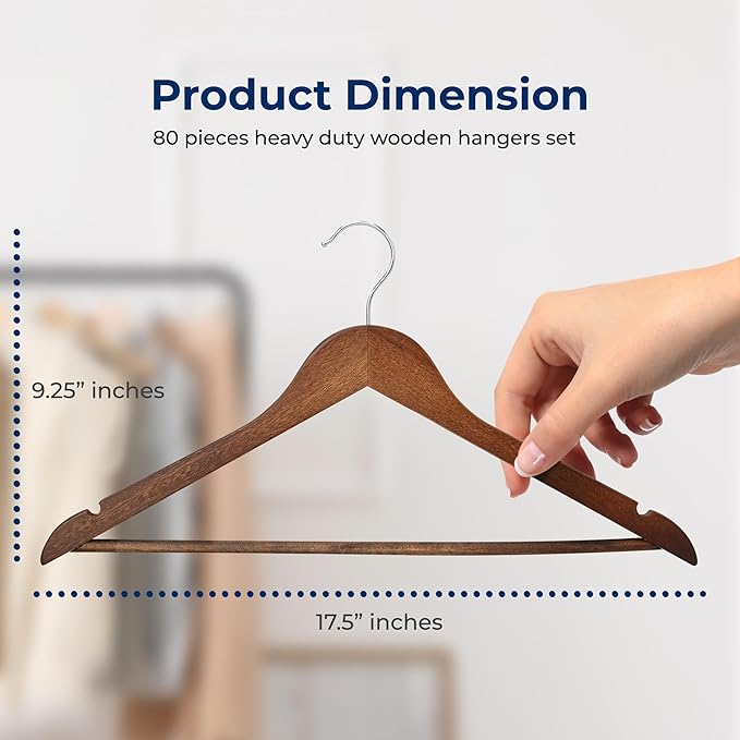 SereneLife 80 Solid Wooden Hangers Heavy Duty Closet Organizer Vintage Natural Color Chrome 360° Swivel Hook Notched Design Holds Dresses Jackets Pants Suits 10 lbs Capacity
