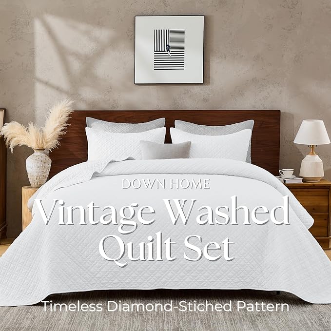 King Quilt Set with Shams Lightweight Quilted Bedspread Coverlet Thin Comforter Bed Cover Vintage Washed Quilted Blanket for All Season, Brushed Microfiber Diamond Stitching, White, 104"x92"