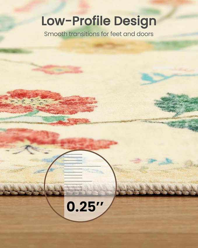 Amada 8x10 Area Rugs, Non-Slip & Low-Profile Large Area Rug with Reinforced Edge Binding, Washable Soft Boho Floral Rugs for Living Room, Bedroom, Dining Room
