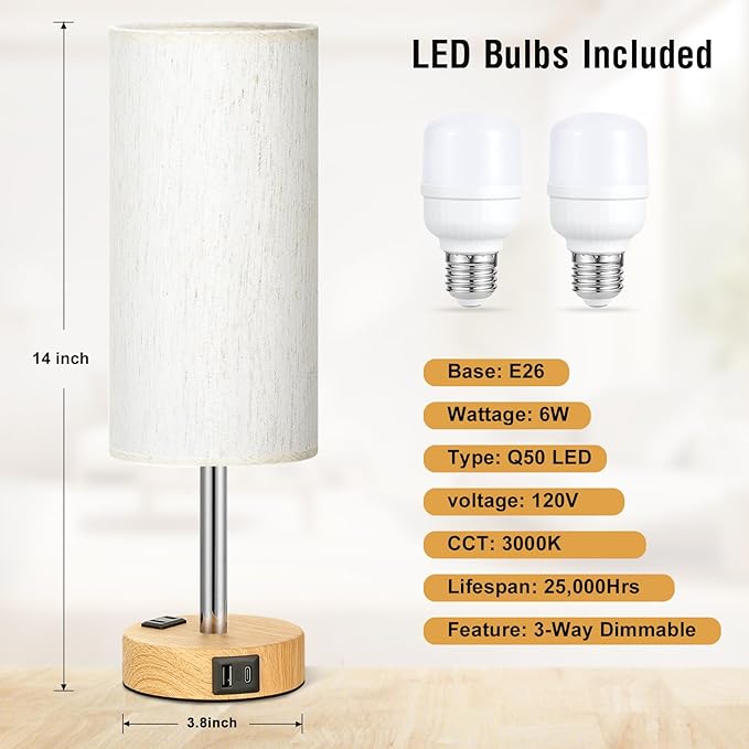 Fenmzee Small Touch Table Lamps Set of 2-3-Way Dimmable, USB A + C Charging, AC Outlet, Wood Grain Base, Bulbs Included