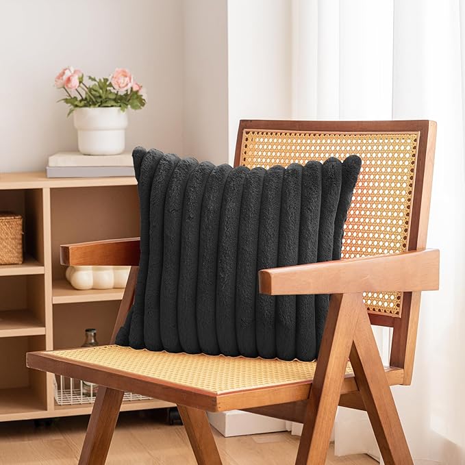 Double-Sided Faux Fur Plush Throw Pillow Covers 24x24 Set of 2 Fuzzy Striped Soft Cozy Pillowcase Luxury Decorative Pillows Square Fluffy Cushion Covers for Couch Sofa Bed,Black
