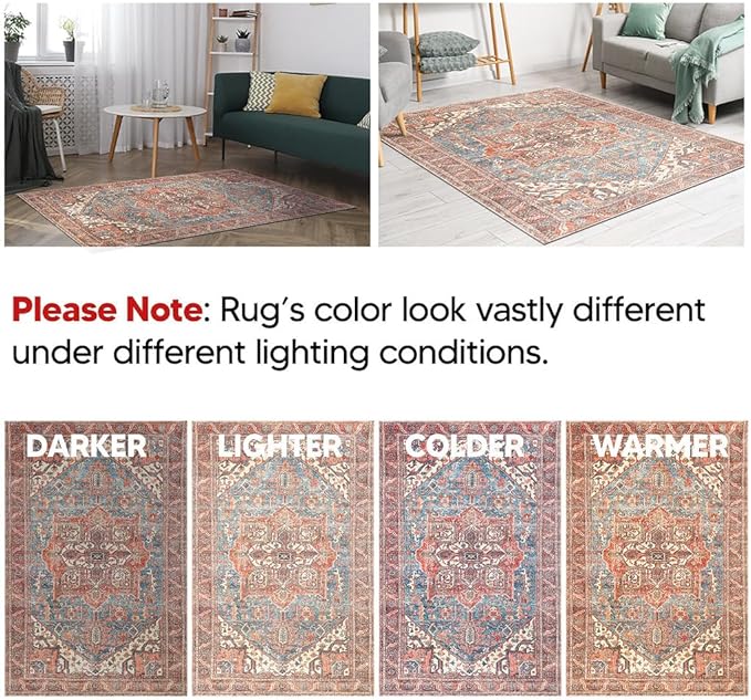 Keen Home Design 8x10 Rug - Machine Washable Area Rug with Non-Slip Backing, Ideal for Living Room, Dining Room, Bedroom - Vintage, Easy Clean, Durable, Low Pile Rug - (8' x 10')