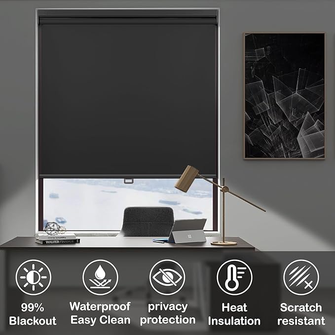 HESTIA No Drill Cordless Blackout Roller Shades Screwless Waterproof Shower Window Blinds, Auto-Retraction Easy Install Blind for Bathroom/Kitchen/Office/Exterior, Black, 23.5" W x 72" H