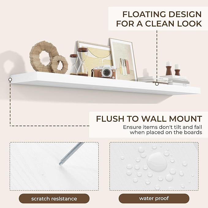 RICHFOCUS 72Inch Floating Shelves for Wall 2 Pack Shelves for Bedroom|Kitchen|Bathroom Wall Mounted Rustic Wood Floating Shelf with Invisible Brackets for Books|Storage|Decor, White