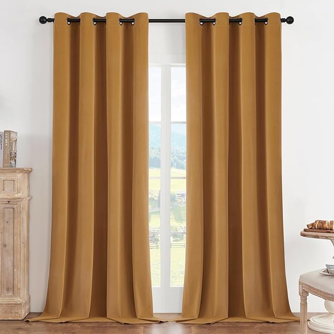 Joydeco Mustard Yellow 100% Blackout Curtains 120 Inch 2 Panels, Luxury Thermal Yellow Velvet Curtains for Bedroom Living Room, Soundproof Blackout Window Drapes, Grommet Top (52W x 120L)