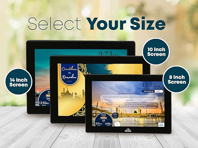 Masjidal 10" Digital Azan Clock with WiFi, Dynamic Touch Screen, Worldwide Prayer Times, Full Quran Player, Islamic Art, Streaming Halal Muslim Content: Duas, Dhikr, Hadith, Surah of The Day, Black