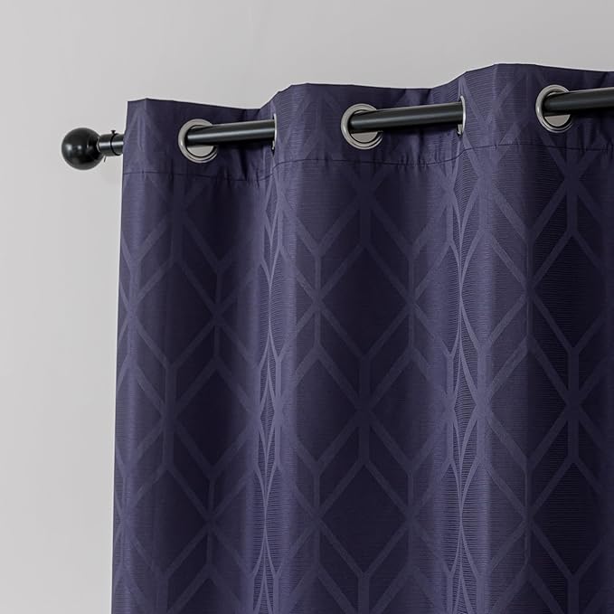 Amazon Basics Jacquard 2-Piece 100% Blackout Curtains, Living Room and Bedroom Drapes, Thermal Insulated Window Treatment, 52"x63", Dark Blue