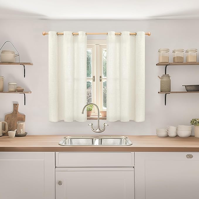 YoungsTex 40 Inches Long Linen Kitchen Window Curtains, Short Drapes Light Filtering with Grommet Beige Natural Privacy for Bathroom Windows, 42 X 40 Inch, 2 Panels