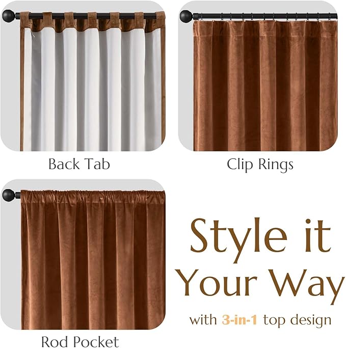 Lazzzy Burnt Orange Velvet Curtains 108 Inches Long Blackout Thermal Insulated Room Darkening Lined Curtain Drapes Back Tab Window Treatments for Bedroom Living Room 2 Panels,52 x 108 Inch, Caramel