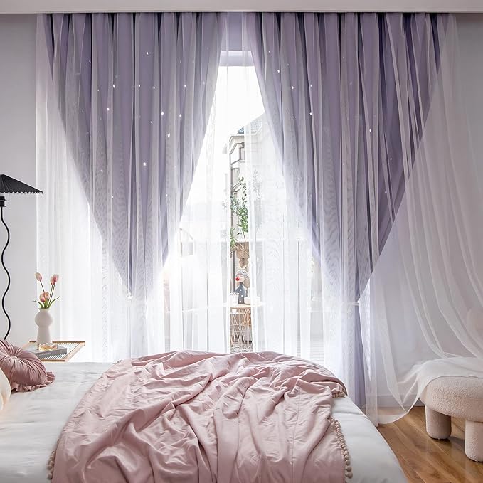 Stars Double Layer Blackout Curtains for Bedroom Kids, 96 Inches Long 2 Panels Set, Purple