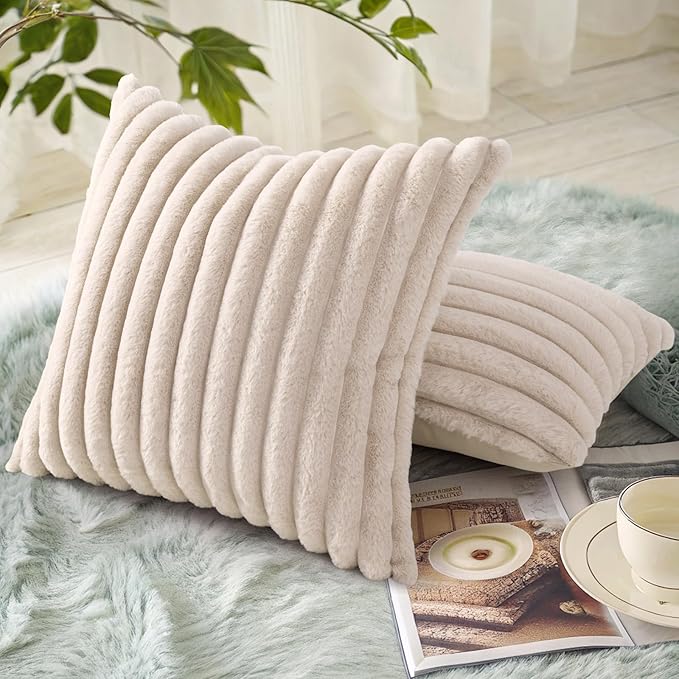 decorUhome Faux Fur Spring Throw Pillow Covers 20x20 Set of 2, Decorative Soft Plush Striped Neutral Couch Pillow Covers with Velvet Back for Sofa, Bed, Living Room Home, Beige