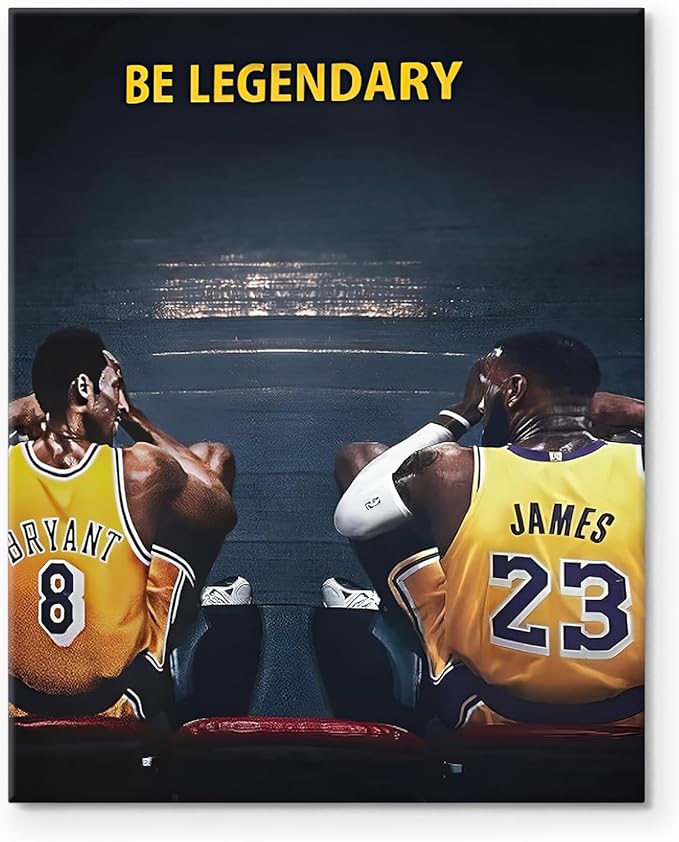 Kobe Bryant and LeBron James Canvas Wall Art Print Poster, Be Legendary Inspirational Sports Picture Artwork, Motivational Mamba Mentality Wall Decor for Home Office Gym Living Room, Framed 8x10inch
