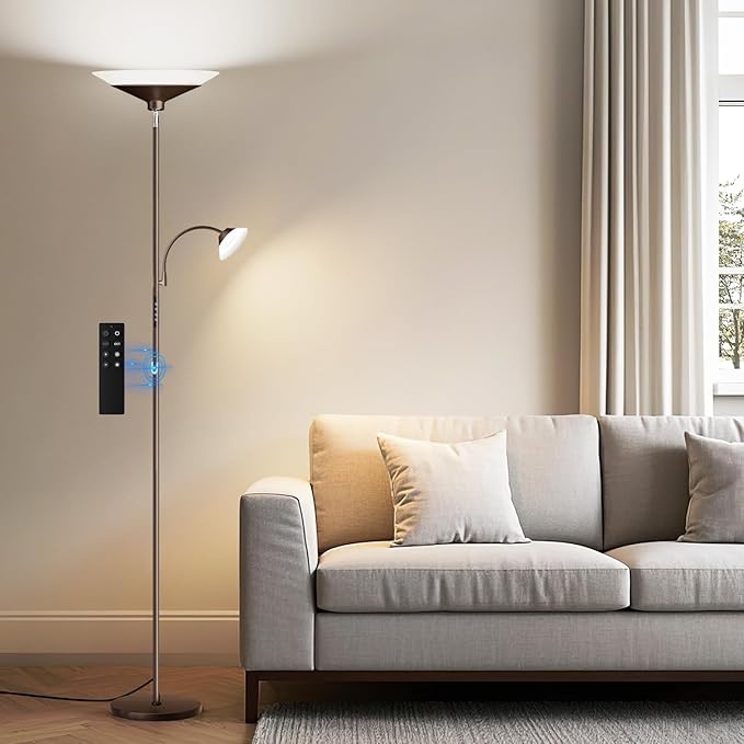 Brown Torchiere LED Floor Lamp - 72" Rotating Standing Lamp with Remote, 34W Dimmable Floor Light with Color Changing, Tall Bright Corner Lamp for Reading Living Room Bedroom Office