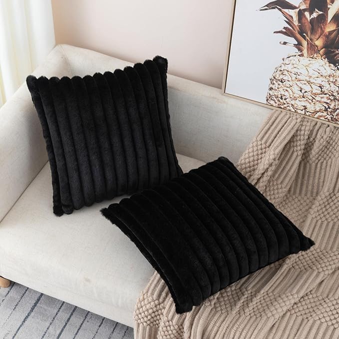 ZLINA Set of 2 Black Faux Fur Decorative Throw Pillow Covers Fluffy Striped Pillowcase Cushion Covers 26 x 26 Inch Decor Sofa Couch Bedroom