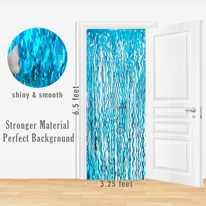 Goer Metallic Tinsel Foil Fringe Curtains for Party Photo Backdrop Wedding Decor (4 Pcs,Wavy Light Blue), One Size