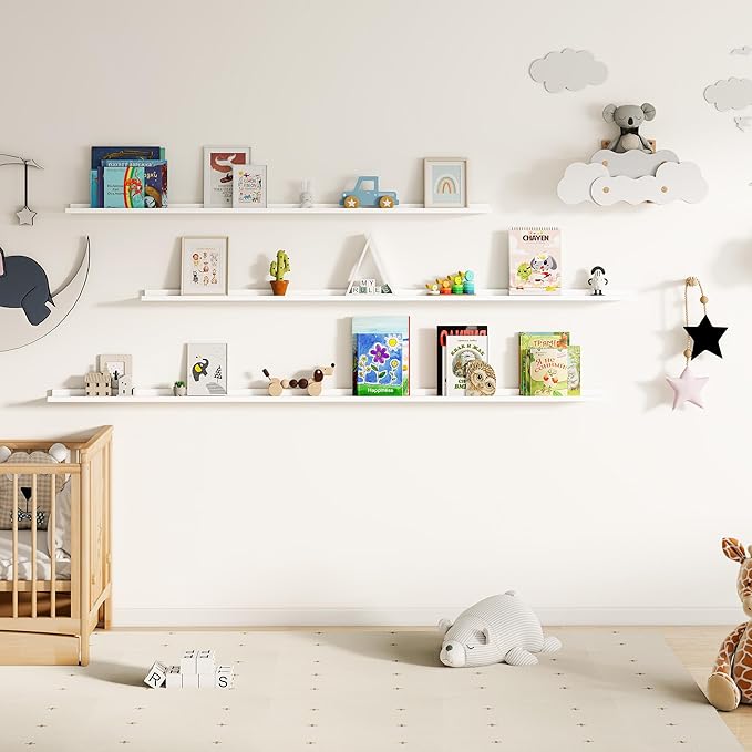 Floating Picture Ledge Shelves for Wall Set of 2, 55 Inches Picture Shelf with Ledge, Nursery Book Shelf for Toys Storage Kids Bookshelf Wall Mounted Living Room Bedroom Decor Frames, White