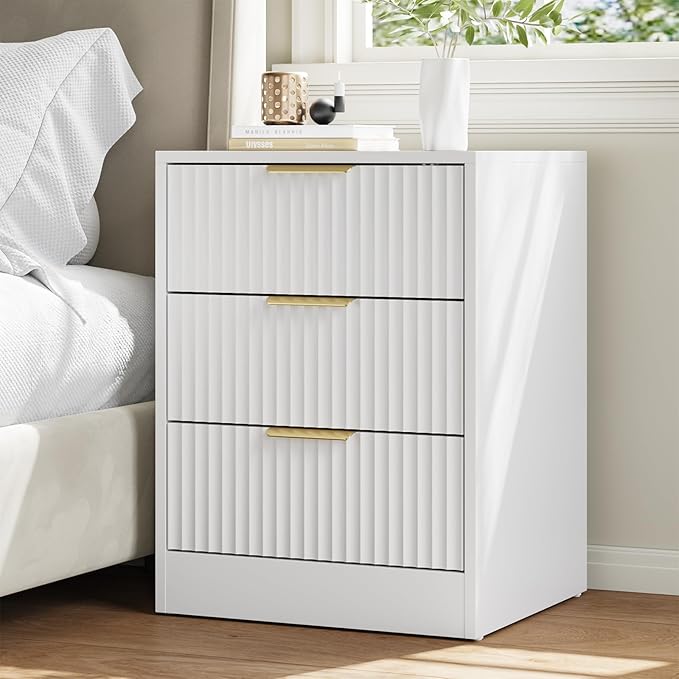 55" Long Dresser and Nightstand Set 3-Piece, 6 Drawer Dressers & Night Stand Set of 2 with Metal Handle, Fluted Modern Wood Chest of Drawers Storage Dressers Set for Bedroom, White