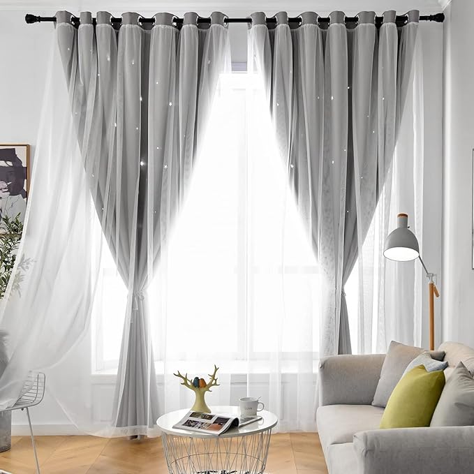 Star Blackout Double Layer Curtains - Cute Kids Bedroom & Nursery Curtains, 63 Inch Length, 2 Panels, Grey