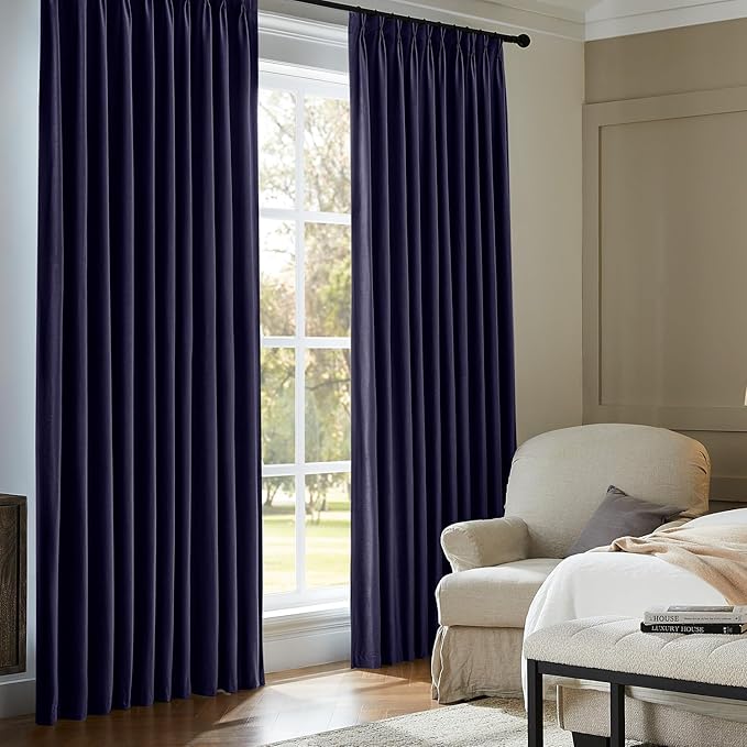Pinch Pleated 100% Blackout Curtains for Bedroom, Navy Blue Velvet Curtains for Living Room, Black Out Curtain 108 inch Long Room Darkening, Blackout Pinch Pleat Drapes with Hooks 2 Panels