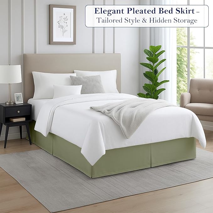 Twin Bed Skirt, Luxury 16 Inch Drop Sage Pleated Bed Skirt, Double Brushed Microfiber, Box Pleat Design, Wrinkle & Fade Resistant, Easy Fit Tailored Bedskirt for Twin Size Beds