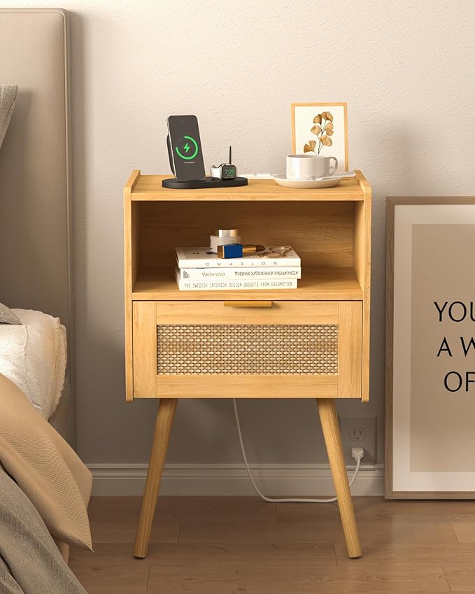 Rattan Nightstand with Outlet,Modern Bedside Table with Storage Drawer and Open Wood Shelf, for Living Room, Bedroom and Small Spaces, Accent Night Stand with Solid Wood Legs,Yellow Oak