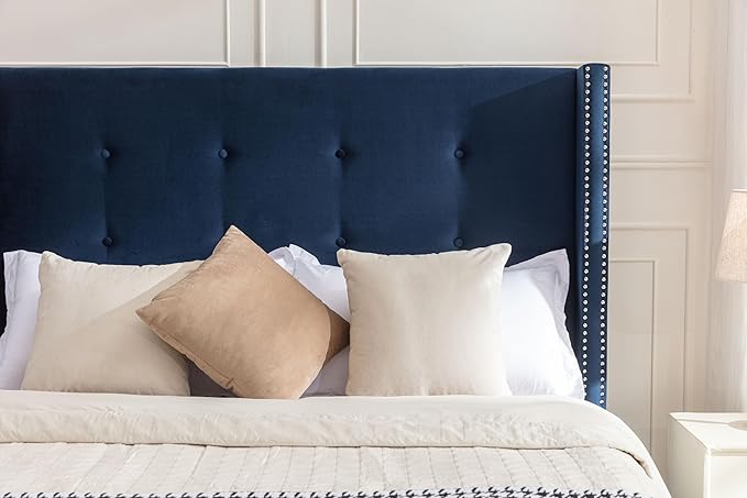 King Size Upholstered Bed Frame, 54" Tall Headboard Platform Bedframes with Nail Head Decorative Wingback, Hand Buttoned Tufting Headboard Beds/No Box Spring Needed/Minimalism, Blue Velvet