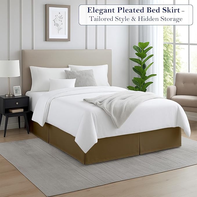 King Bed Skirt, Luxury 14 Inch Drop Taupe Pleated Bed Skirt, Double Brushed Microfiber, Box Pleat Design, Wrinkle & Fade Resistant, Easy Fit Tailored Bedskirt for King Size Beds