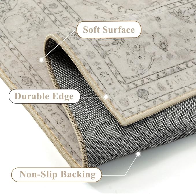 Beige 8x10 Area Rug Washable Vintage Carpet for Living Room Bedroom Large Soft Retro Floral Low Pile Thin Indoor Rug Non Slip Central Medallion Floor Cover for Dining Room Office