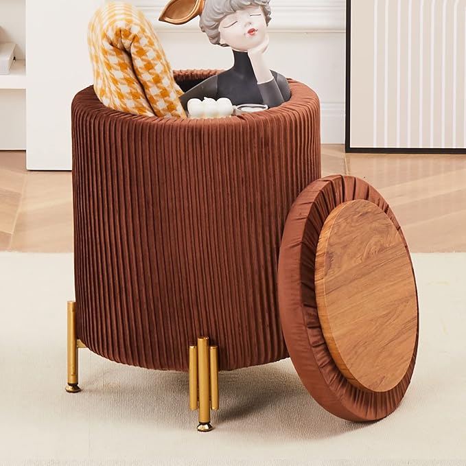 Mxfurhawa Round Ottoman Foot Stool with Storage and Metal Legs for Living Room Bedroom, Velvet Upholstered Footrest Stool Support 300lbs Modern Padded Seat Ottoman Coffee Table (Caramel)
