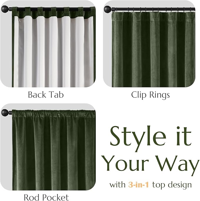 Lazzzy Velvet Blackout Curtains Thermal Insulated Curtains Room Window Drapes Super Soft Luxury Curtains for Living Room Bedroom Rod Pocket 2 Panels, 96 Inch Lined | Moss