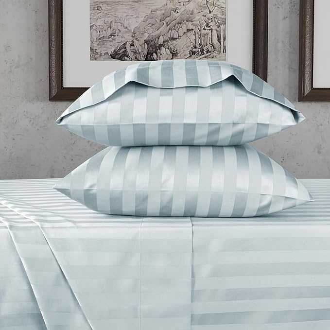 URBANHUT 800 Thread Count 100% Cotton Damask Queen Size Sheets, 4 Piece Striped Queen Size Bedsheets, Luxury Hotel Sheets Sateen Weave - Better Than Egyptian, 16" Elasticized Deep Pocket- Light Blue