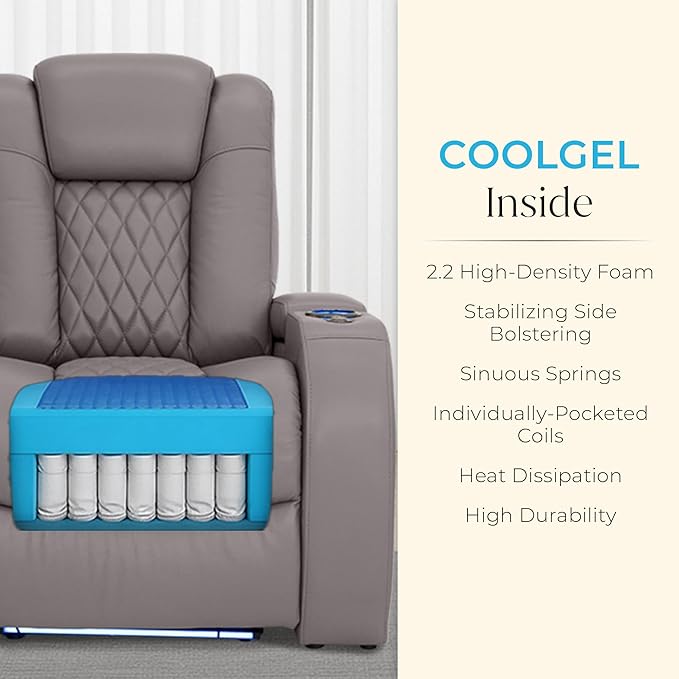Seatcraft Diamante Zero-Gravity CoolZero Italian Leather Home Theater Seating, Power Headrest, Power Recline, Row of 2 Loveseat, Gray
