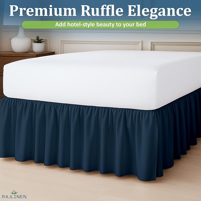 Rajlinen Ruffled Bed Skirt Full, 15 Inch Drop Dust Ruffle with Split Corners, 100% Microfiber Bedskirt with Platform, Three-Sided Coverage Ruffled Gathering Design, Navy Blue