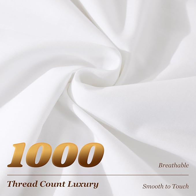LBRO2M 1000 Thread Count 100% Cotton Sheets Set,Full Size Bed Sheet 4 Piece Sets,Long Staple,16 Inches Deep Pocket,All Season,Bedding Super Soft Comforterble Breathable,Sateen Weave(White)