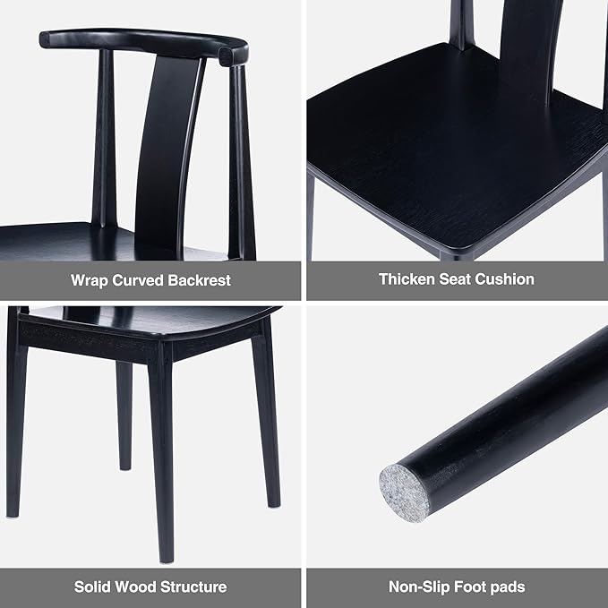 Wood Dining Room Chairs Set of 6, Mid Century Modern Kitchen Chairs Wishbone Chair with Curved Back Armless Accent Chair for Living Room Restaurant, Black