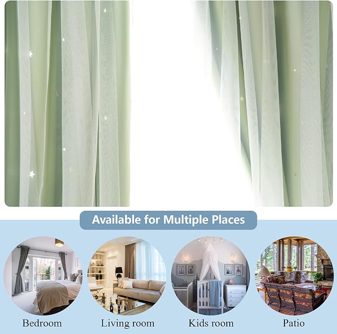 Stars Double Layer Blackout Curtains for Bedroom Kids, Cute, 108 Inches Long, 2 Panels Set, Green