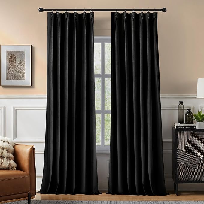 Pinch Pleated 100% Blackout Curtains for Bedroom, Black Velvet Curtains for Living Room, Black Out Curtain 84 inch Long Room Darkening, Blackout Pinch Pleat Drapes with Hooks 2 Panels