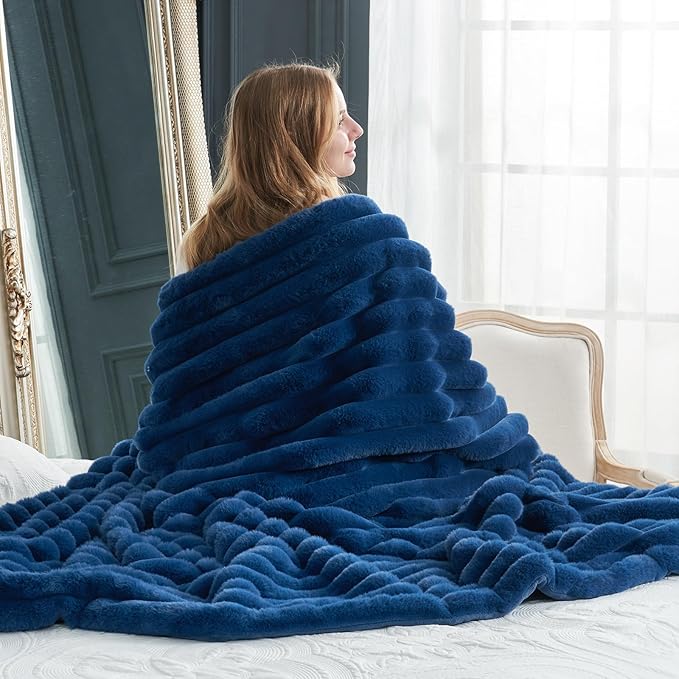 Cozy Bliss Faux Fur Throw Blanket for Couch, Cozy Warm Plush Striped Blanket for Sofa Bedroom Living Room, 108 * 90 Inches Navy Blue