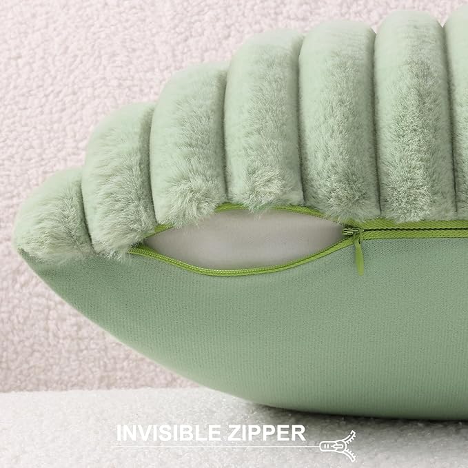 Pallene Faux Fur Plush Throw Pillow Covers 26x26 Set of 2, Luxury Soft Fluffy Striped Decorative Pillow Covers for Sofa, Couch, Living Room, Sage Green