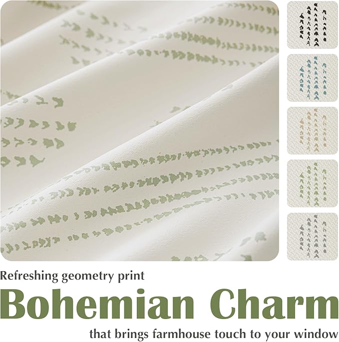 100% Boho Blackout Curtains 90 Inches Long for Bedroom, Green on Beige Patterned Bohemian Curtains for Living Room, Geometric Striped Thermal Insulated Window Drapes Gromment Top 2 Panels
