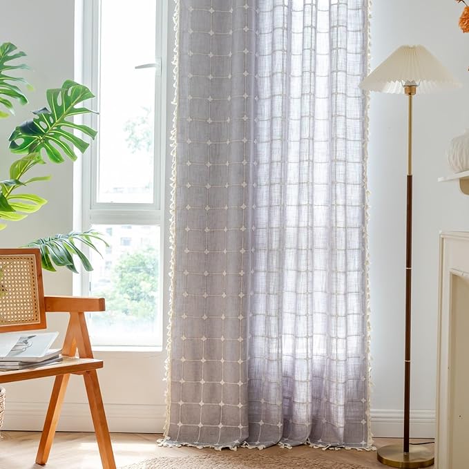 Sutuo Home Boho Curtains 96 Inches Long for Bedroom Living Room,Bohemian Checkered Linen Vintage Chic Tassels Light Filtering Farmhouse Window Treatment Drape, 1 Panel 52" W x 96" L, Dark Grey Plaids
